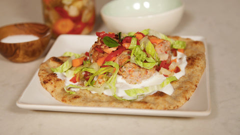 Turkey Meatball Naan’wich with Yogurt and Pickled Vegetables Turkey Meatball Naan’wich with Yogurt and Pickled Vegetables
